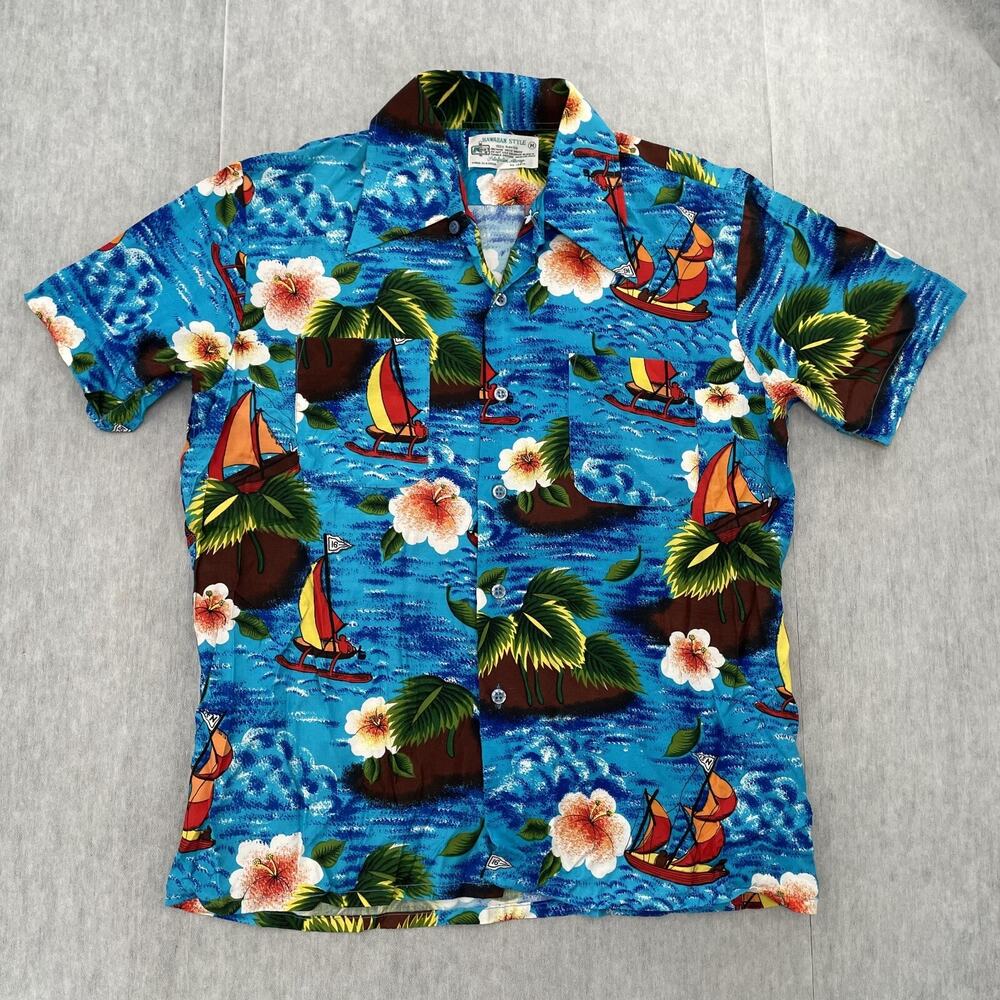 VINTAGE Kmart Hawaiian Shirt Adult Medium Blue Button Up Short Sleeve Sailing M